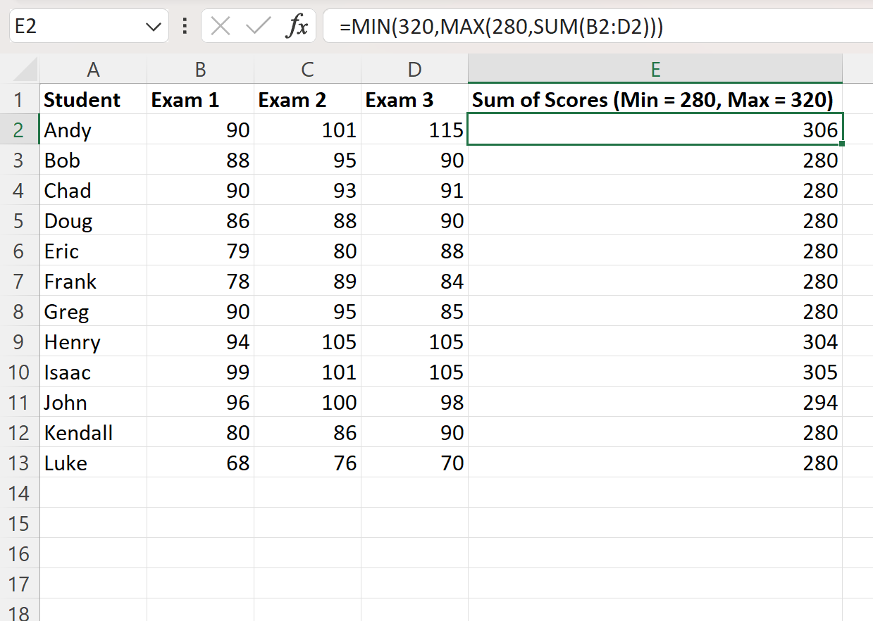 Excel define valores mínimos e máximos na fórmula