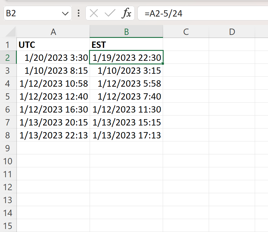 Excel converte UTC para EST