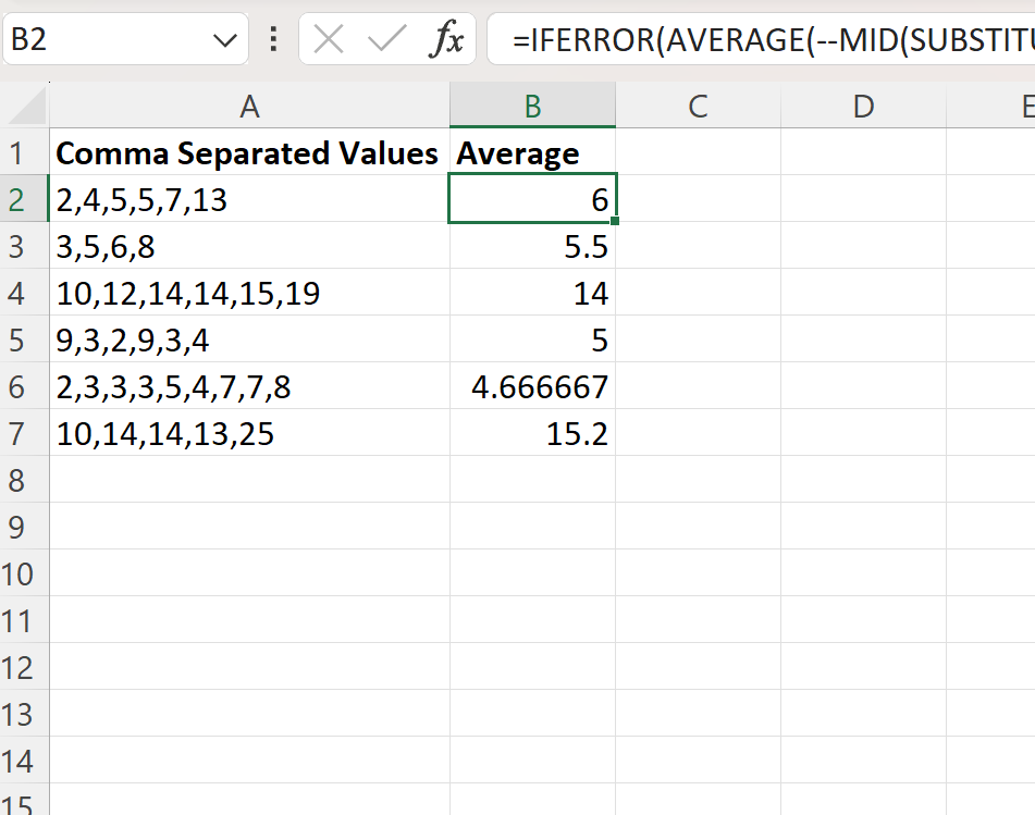 Moyenne Excel de nombres séparés par des virgules