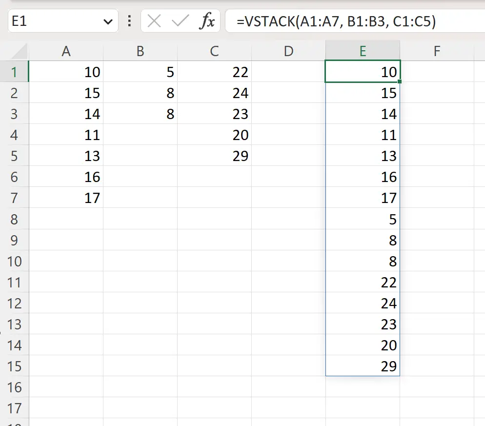 Excel VSTACK com quantidade diferente de valores em cada coluna