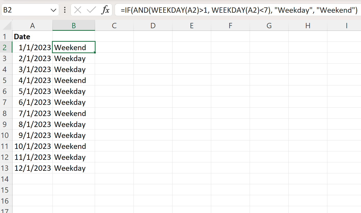 Excel controlla se la data è un giorno feriale o un fine settimana