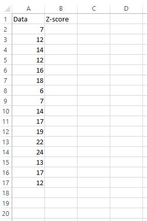 Conjunto de dados de pontuação Z no Excel